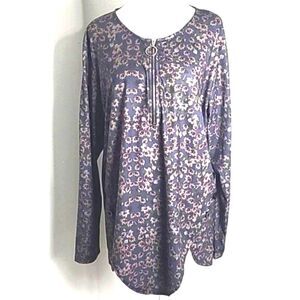 Gray Tunic Top with Maroon Flowers, Big Zipper at Neckline,  Size XXL